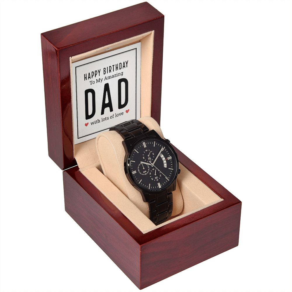To My Dad Happy Birthday My Amazing Dad Black Chronograph Watch With Message Card in Mahogany Box-Express Your Love Gifts