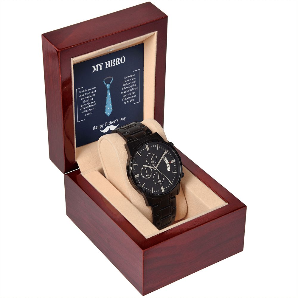 To My Dad My Hero Black Chronograph Watch With Message Card in Mahogany Box-Express Your Love Gifts