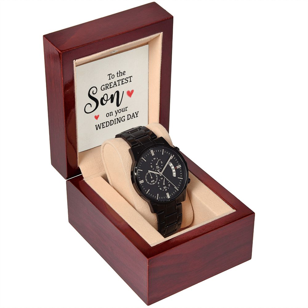 To My Son To the Greatest Son Black Chronograph Watch With Message Card in Mahogany Box-Express Your Love Gifts