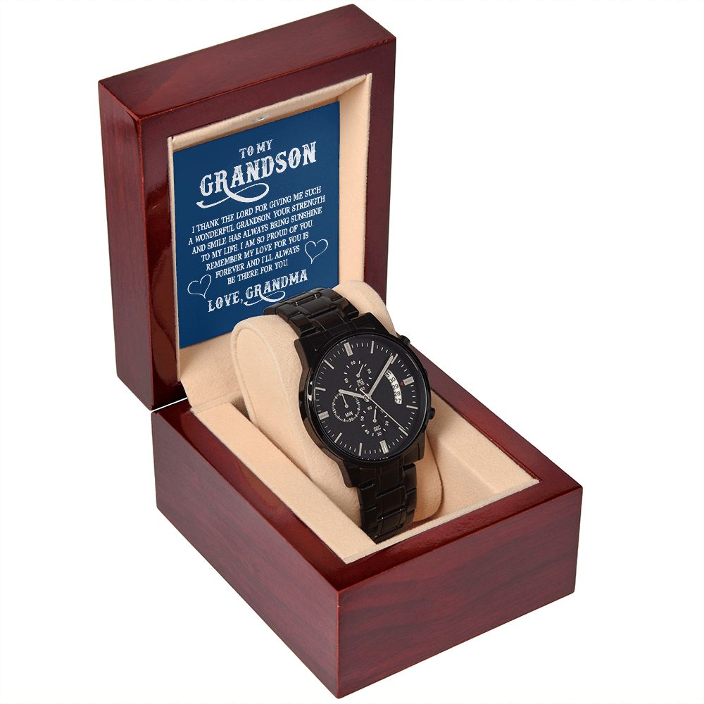 To My GrandSon I Thank The Lord For Giving Me You Black Chronograph Watch With Message Card in Mahogany Box-Express Your Love Gifts