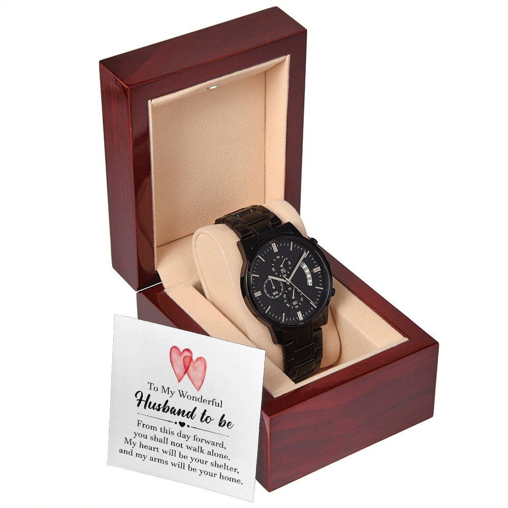 To My Husband To Be Black Chronograph Watch With Message Card in Mahogany Box-Express Your Love Gifts