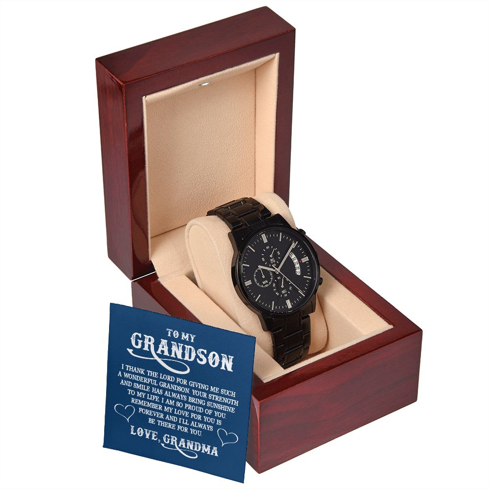 To My GrandSon I Thank The Lord For Giving Me You Black Chronograph Watch With Message Card in Mahogany Box-Express Your Love Gifts