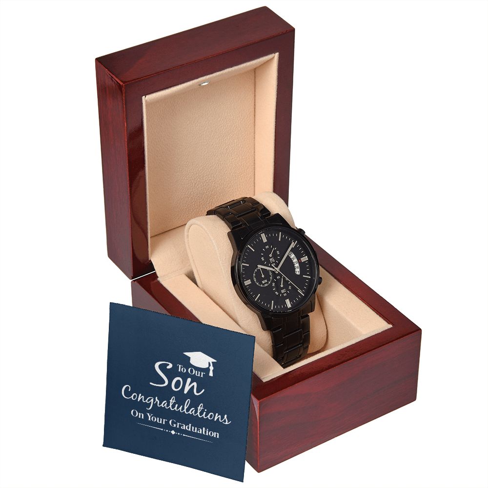 To Our Son Congratulations on Your Graduation Black Chronograph Watch With Message Card in Mahogany Box-Express Your Love Gifts