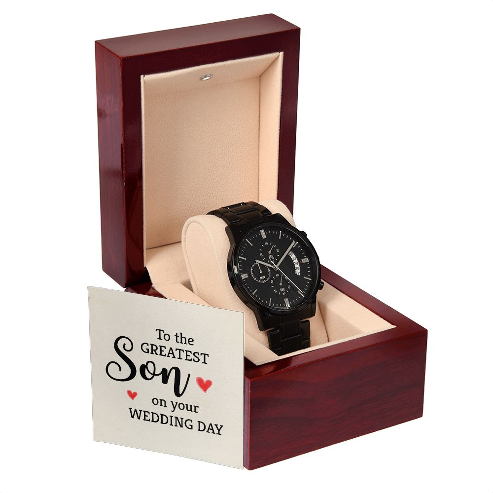 To My Son To the Greatest Son Black Chronograph Watch With Message Card in Mahogany Box-Express Your Love Gifts