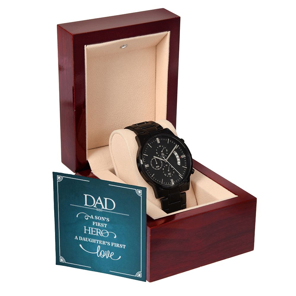To My Dad a Sons First Hero Black Chronograph Watch With Message Card in Mahogany Box-Express Your Love Gifts