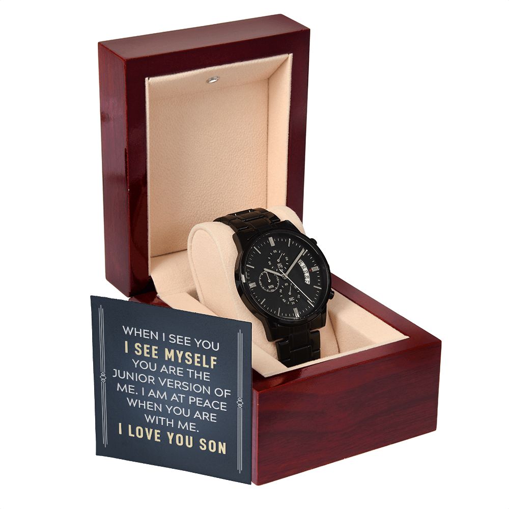 To My Son When I See You Black Chronograph Watch With Message Card in Mahogany Box-Express Your Love Gifts