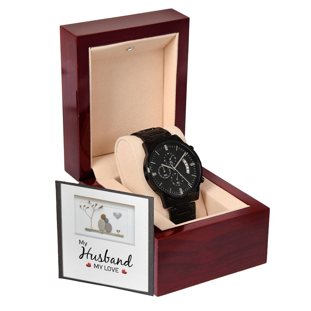 To My Husband My Love Black Chronograph Watch With Message Card in Mahogany Box-Express Your Love Gifts