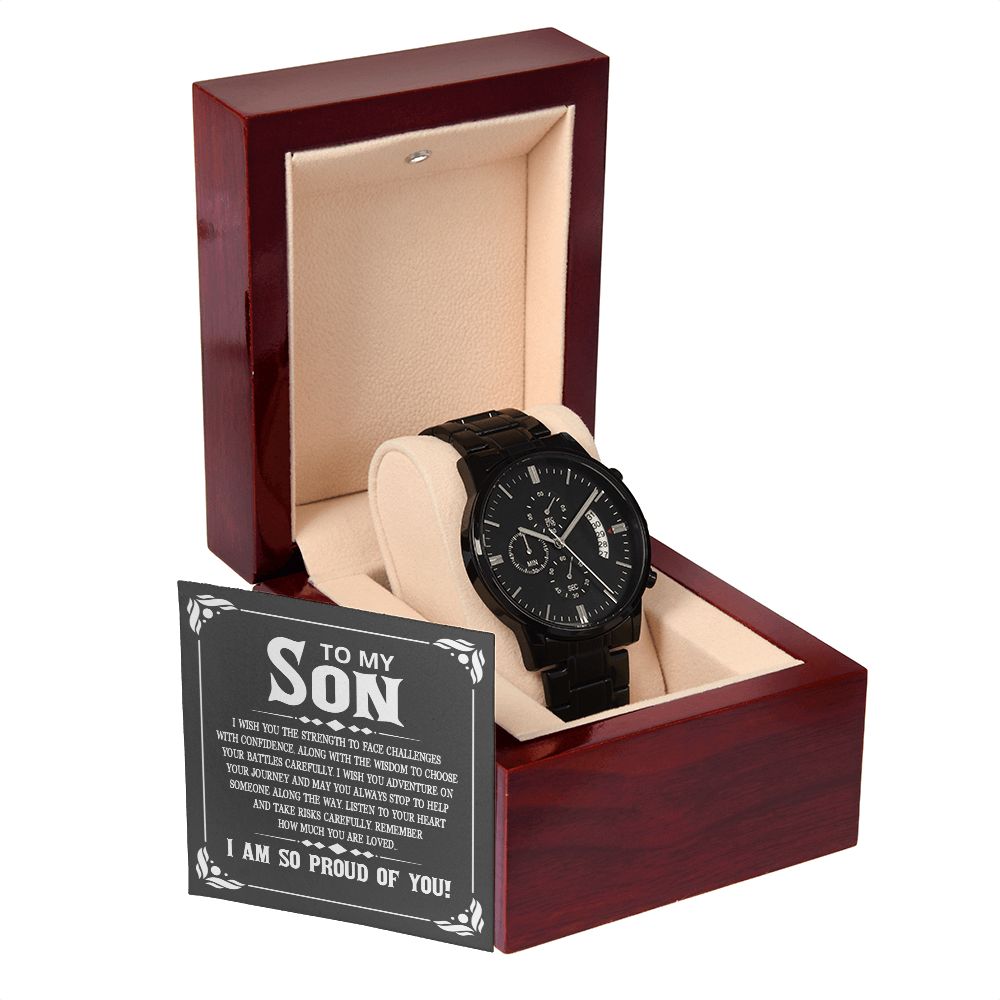 To My Son I Wish You the Strength to Face Challenges Black Chronograph Watch With Message Card in Mahogany Box-Express Your Love Gifts