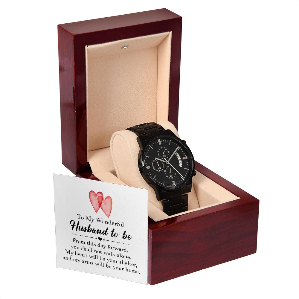 To My Husband To Be Black Chronograph Watch With Message Card in Mahogany Box-Express Your Love Gifts