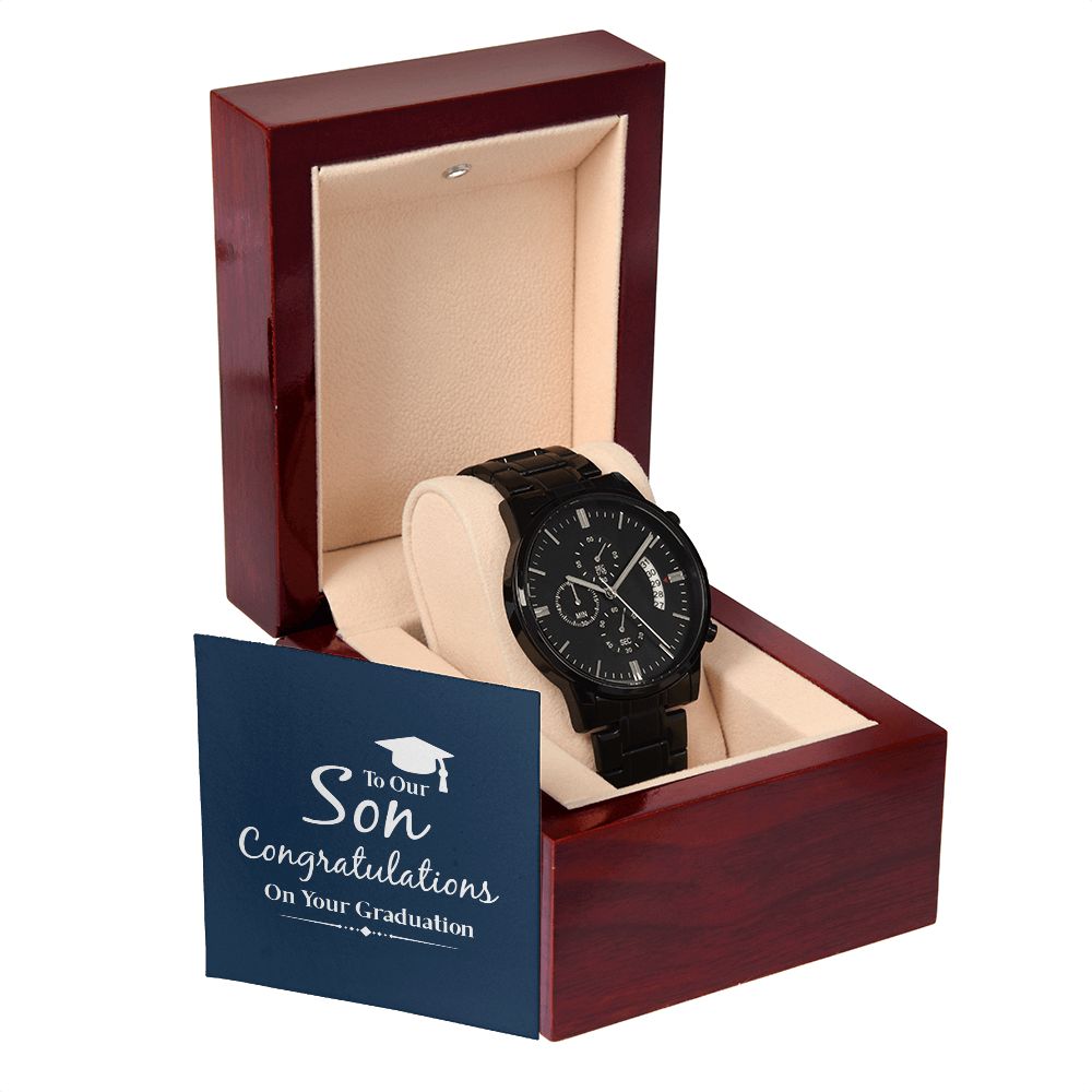 To Our Son Congratulations on Your Graduation Black Chronograph Watch With Message Card in Mahogany Box-Express Your Love Gifts