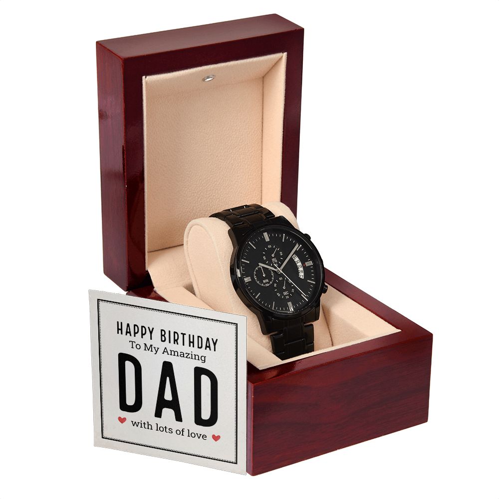To My Dad Happy Birthday My Amazing Dad Black Chronograph Watch With Message Card in Mahogany Box-Express Your Love Gifts