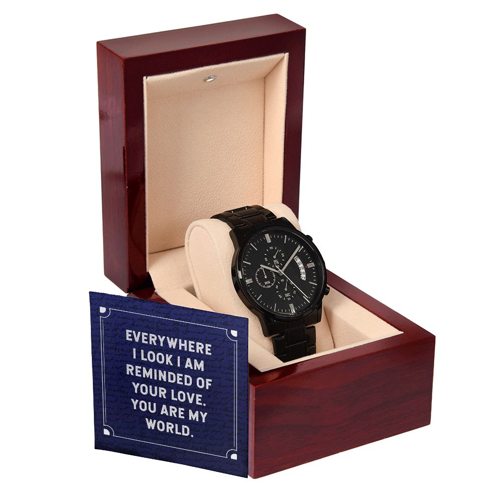 Everywhere I Look Black Chronograph Watch With Message Card in Mahogany Box-Express Your Love Gifts