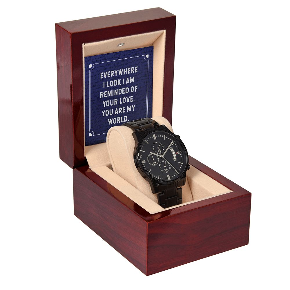 Everywhere I Look Black Chronograph Watch With Message Card in Mahogany Box-Express Your Love Gifts