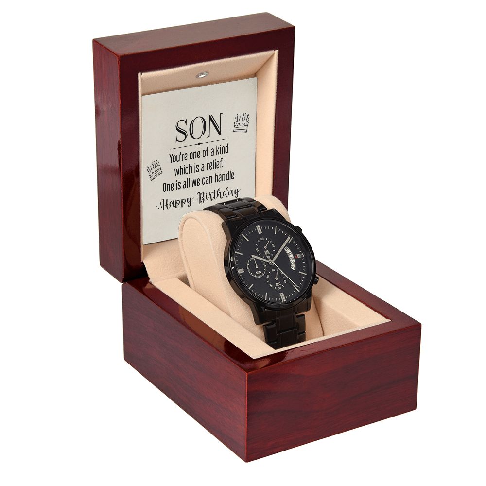To My Son You're One of a Kind Black Chronograph Watch With Message Card in Mahogany Box-Express Your Love Gifts