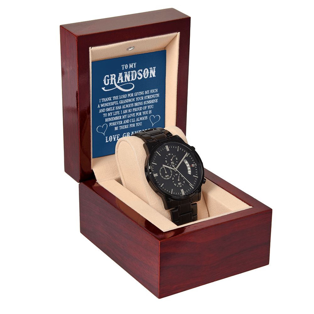 To My GrandSon I Thank The Lord For Giving Me You Black Chronograph Watch With Message Card in Mahogany Box-Express Your Love Gifts