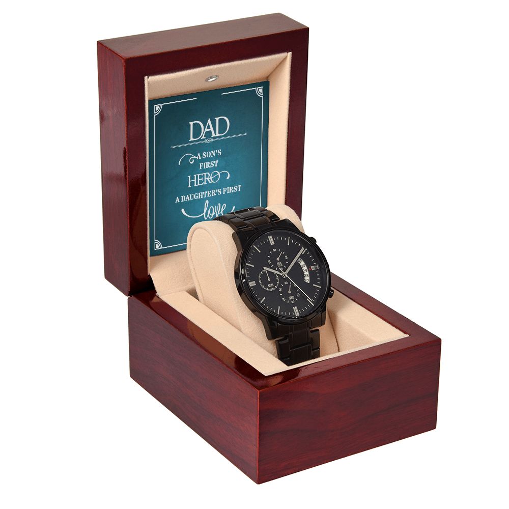 To My Dad a Sons First Hero Black Chronograph Watch With Message Card in Mahogany Box-Express Your Love Gifts