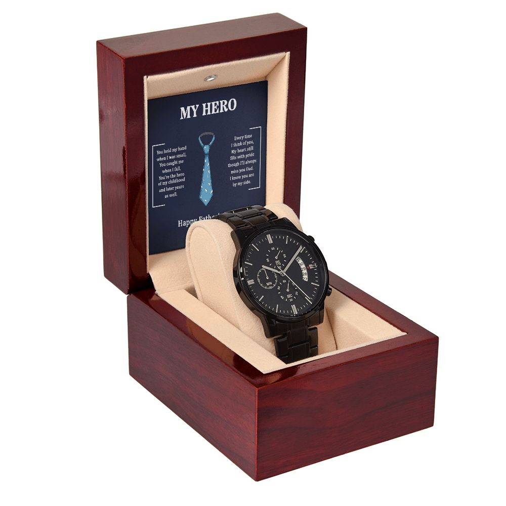 To My Dad My Hero Black Chronograph Watch With Message Card in Mahogany Box-Express Your Love Gifts