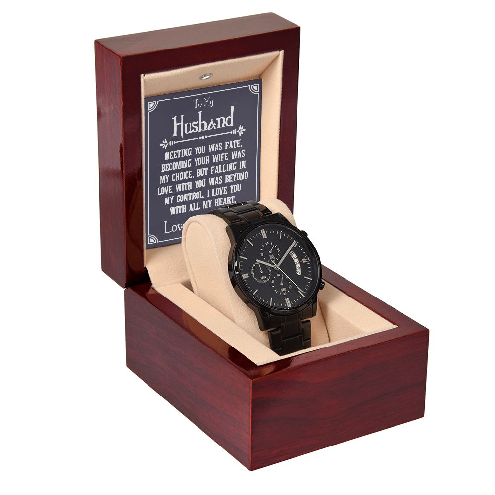 To My Husband Meeting You Was Fate Black Chronograph Watch With Message Card in Mahogany Box-Express Your Love Gifts