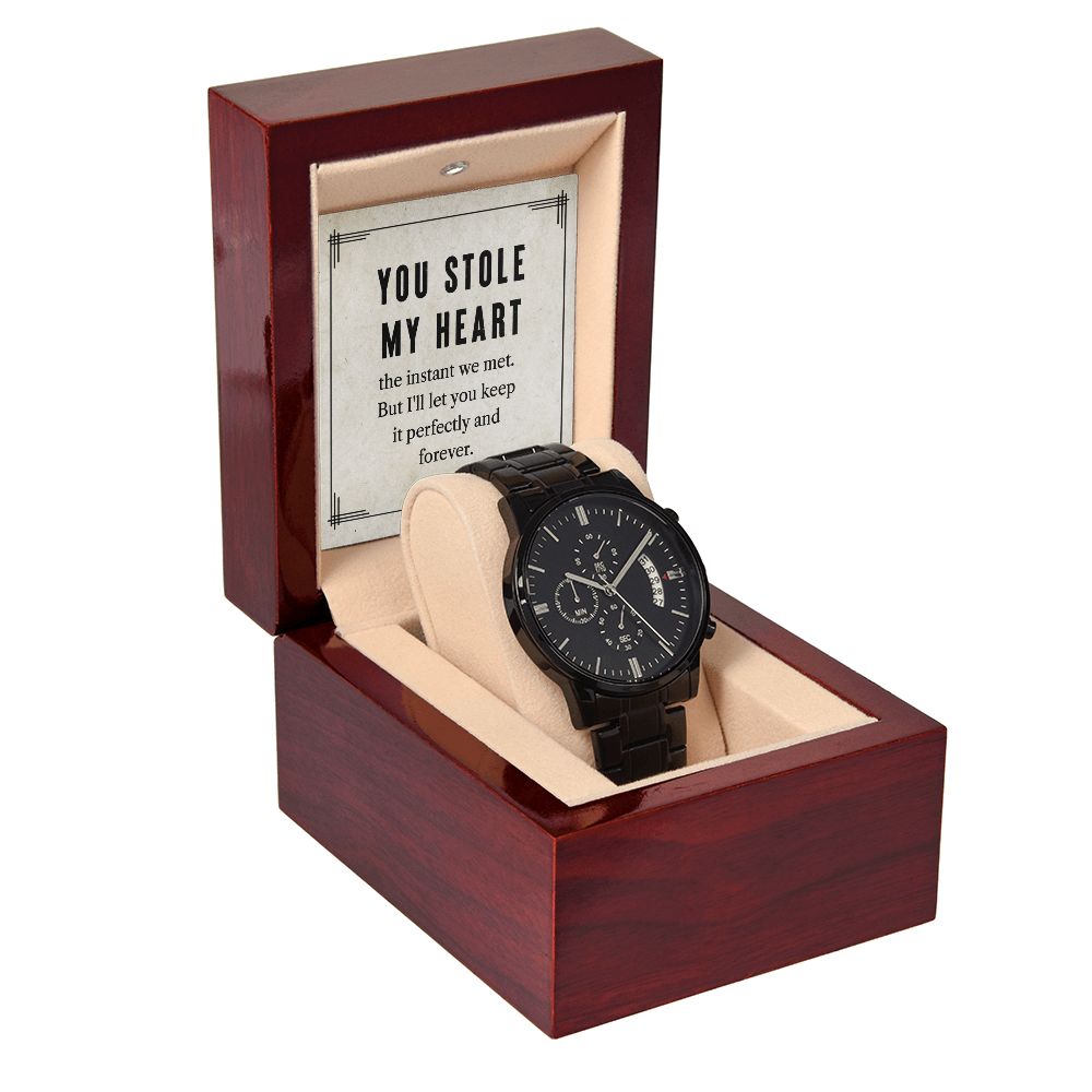 To My Man You Stole My Heart Black Chronograph Watch With Message Card in Mahogany Box-Express Your Love Gifts