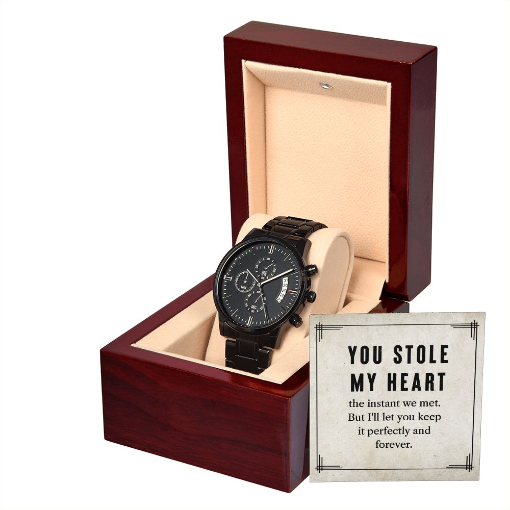 To My Man You Stole My Heart Black Chronograph Watch With Message Card in Mahogany Box-Express Your Love Gifts