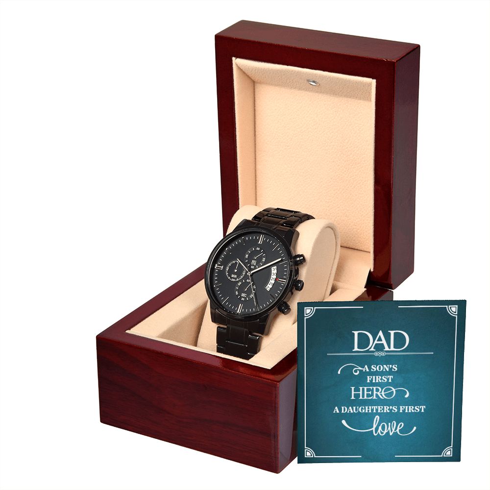 To My Dad a Sons First Hero Black Chronograph Watch With Message Card in Mahogany Box-Express Your Love Gifts