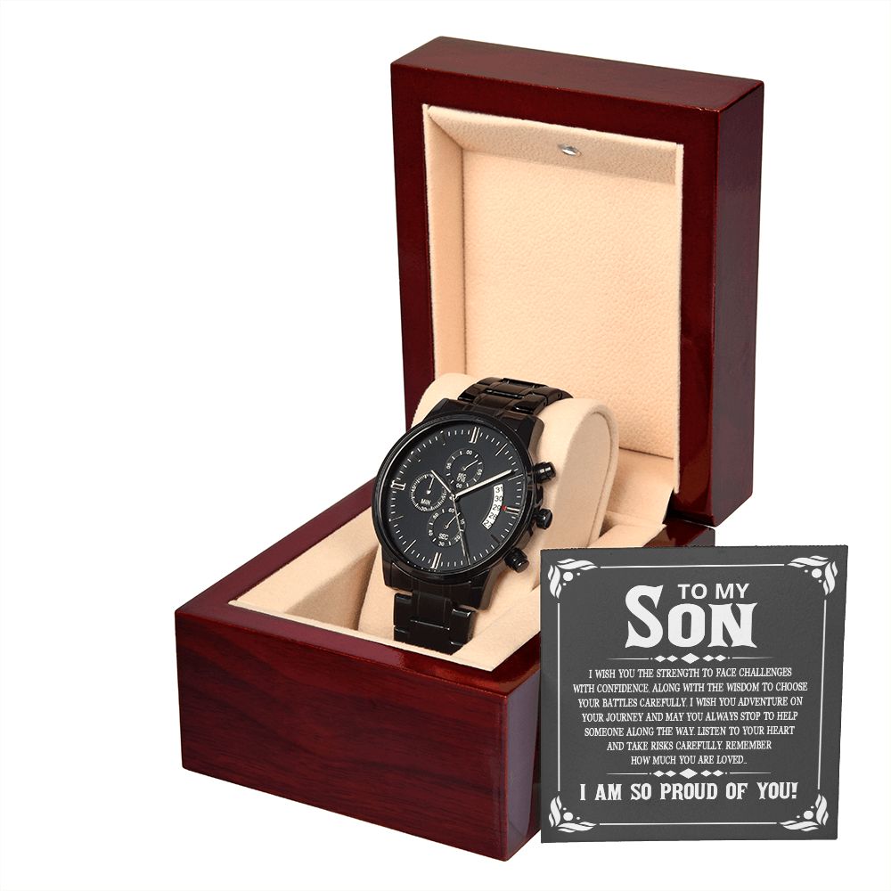 To My Son I Wish You the Strength to Face Challenges Black Chronograph Watch With Message Card in Mahogany Box-Express Your Love Gifts