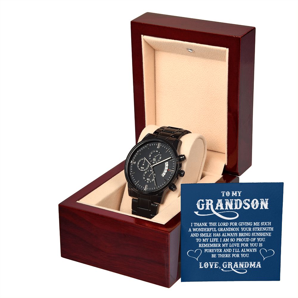 To My GrandSon I Thank The Lord For Giving Me You Black Chronograph Watch With Message Card in Mahogany Box-Express Your Love Gifts