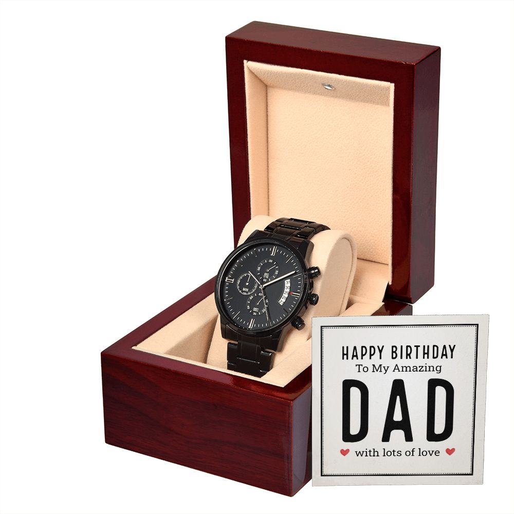 To My Dad Happy Birthday My Amazing Dad Black Chronograph Watch With Message Card in Mahogany Box-Express Your Love Gifts