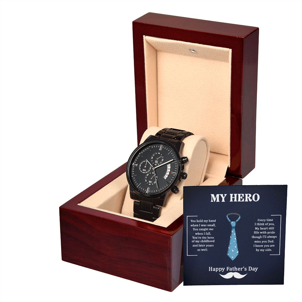To My Dad My Hero Black Chronograph Watch With Message Card in Mahogany Box-Express Your Love Gifts