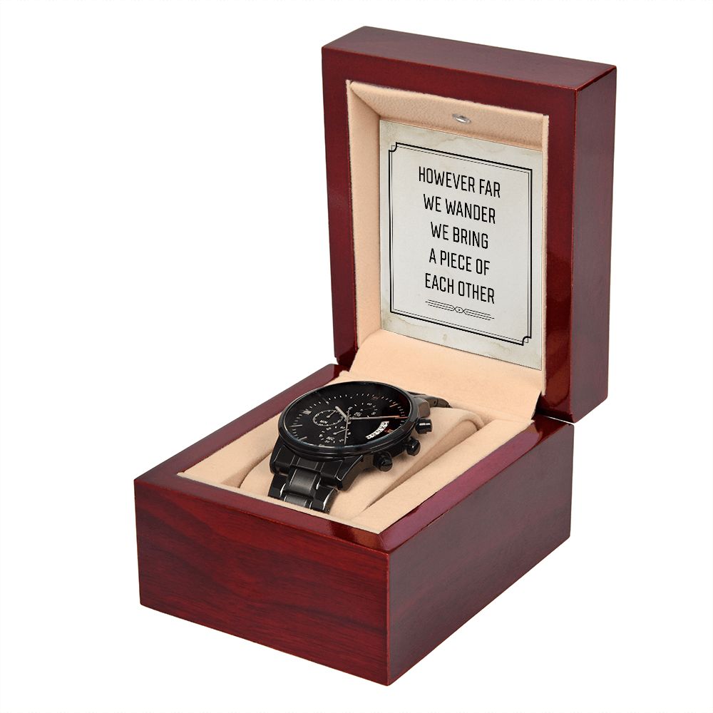 However Far We Wander Black Chronograph Watch With Message Card in Mahogany Box-Express Your Love Gifts