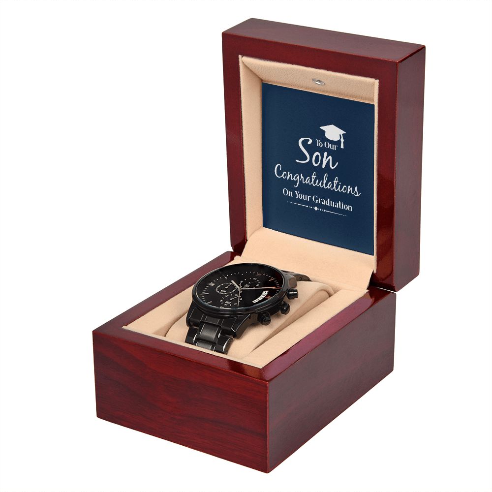To Our Son Congratulations on Your Graduation Black Chronograph Watch With Message Card in Mahogany Box-Express Your Love Gifts