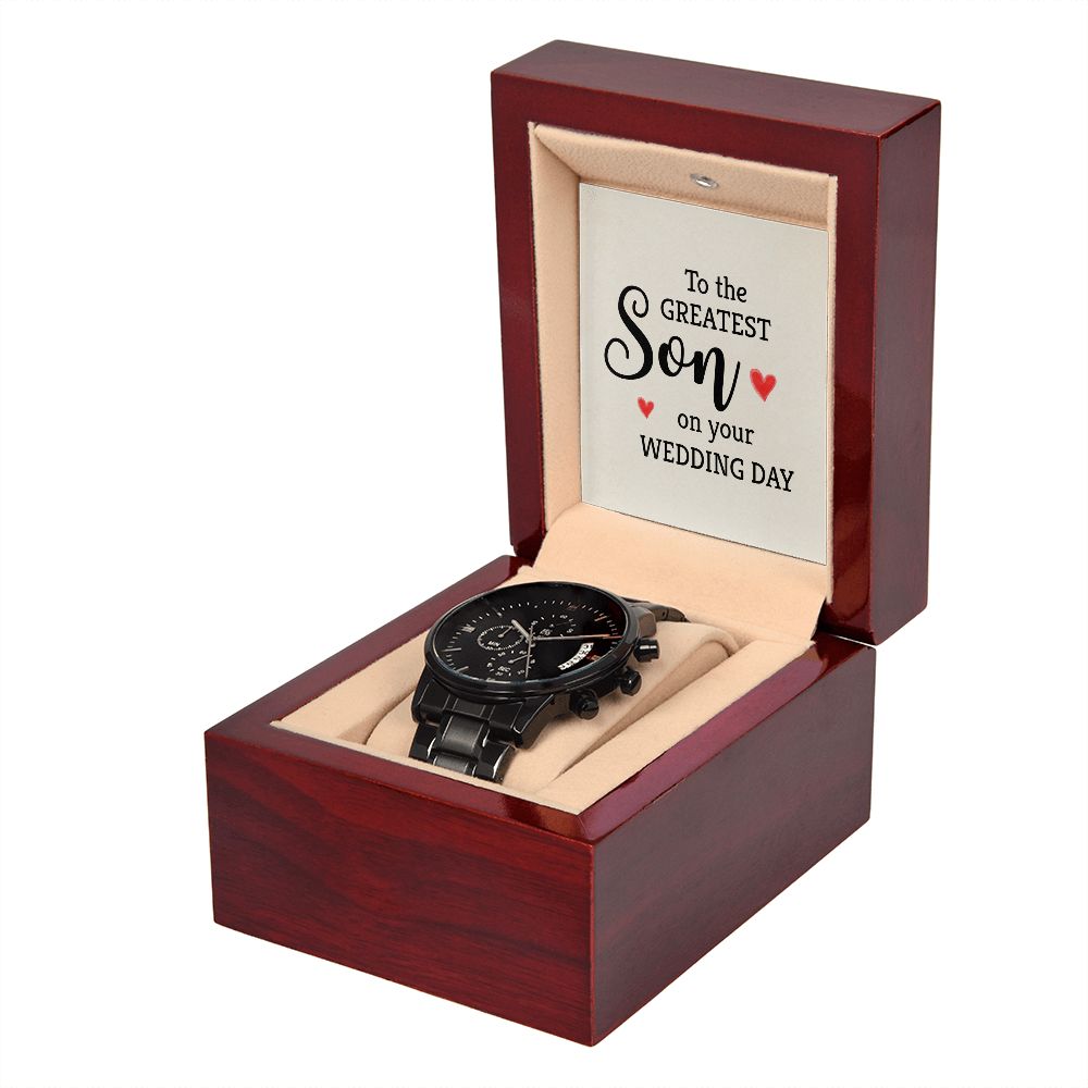 To My Son To the Greatest Son Black Chronograph Watch With Message Card in Mahogany Box-Express Your Love Gifts
