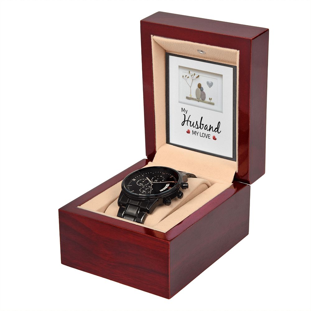To My Husband My Love Black Chronograph Watch With Message Card in Mahogany Box-Express Your Love Gifts