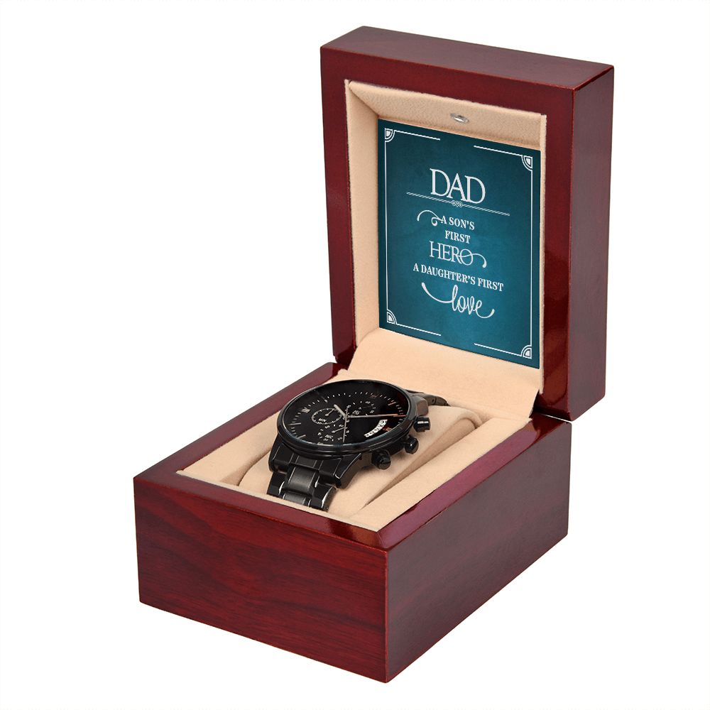 To My Dad a Sons First Hero Black Chronograph Watch With Message Card in Mahogany Box-Express Your Love Gifts