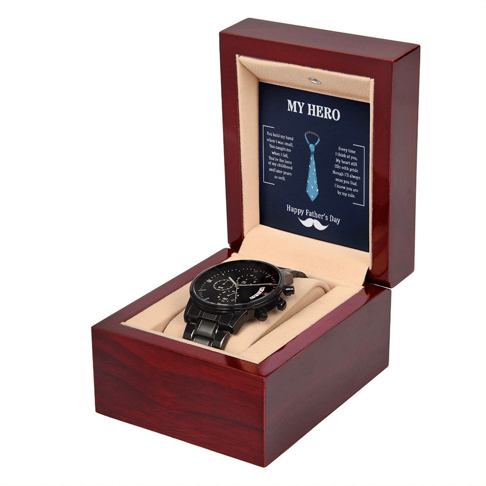 To My Dad My Hero Black Chronograph Watch With Message Card in Mahogany Box-Express Your Love Gifts