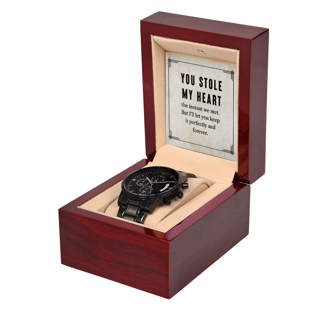 To My Man You Stole My Heart Black Chronograph Watch With Message Card in Mahogany Box-Express Your Love Gifts