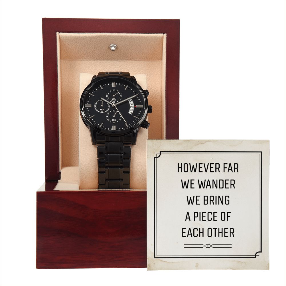 However Far We Wander Black Chronograph Watch With Message Card in Mahogany Box-Express Your Love Gifts