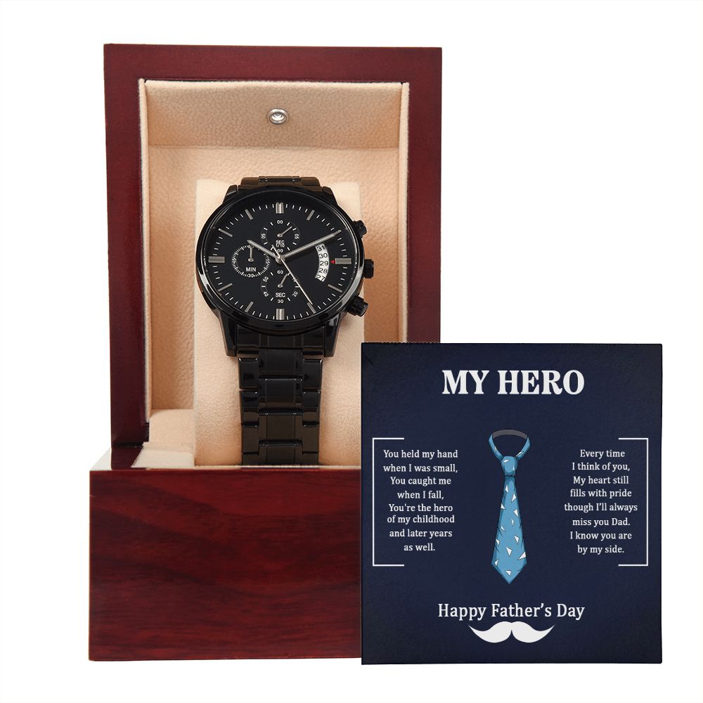 To My Dad My Hero Black Chronograph Watch With Message Card in Mahogany Box-Express Your Love Gifts