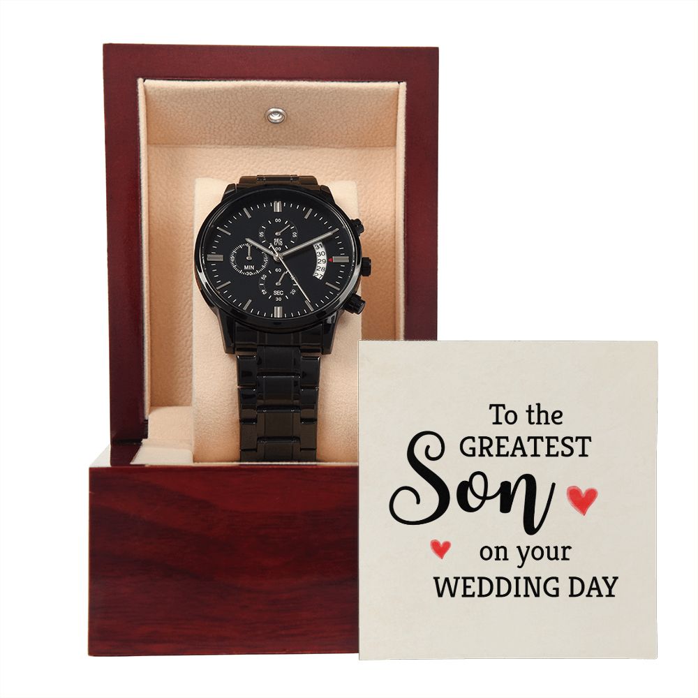 To My Son To the Greatest Son Black Chronograph Watch With Message Card in Mahogany Box-Express Your Love Gifts