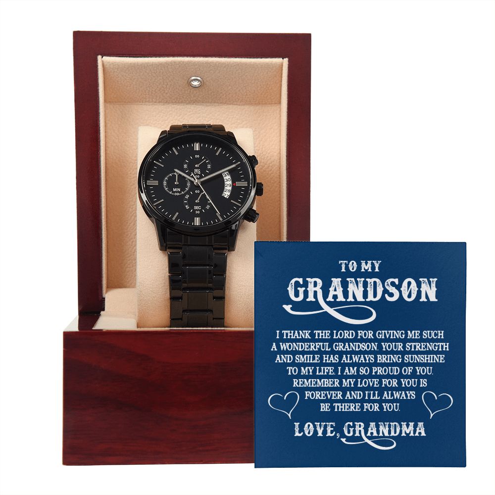 To My GrandSon I Thank The Lord For Giving Me You Black Chronograph Watch With Message Card in Mahogany Box-Express Your Love Gifts