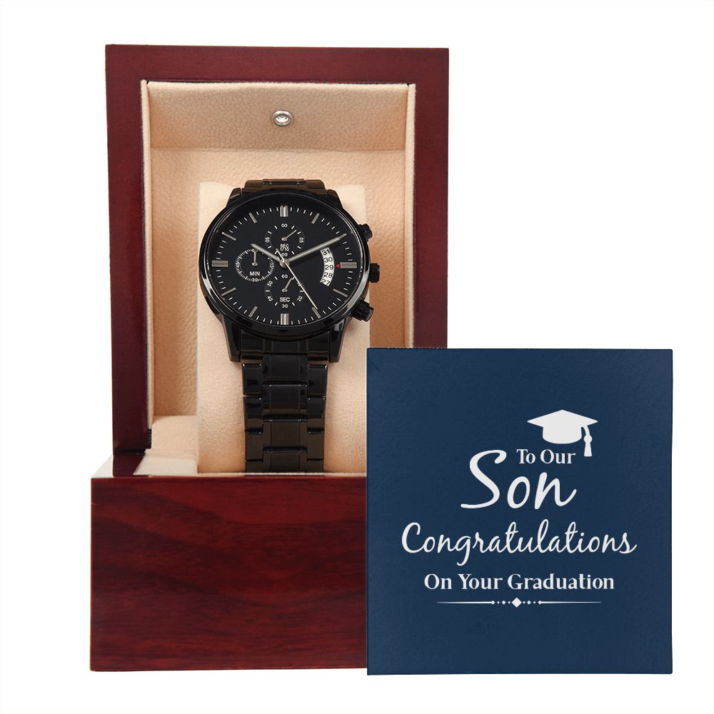 To Our Son Congratulations on Your Graduation Black Chronograph Watch With Message Card in Mahogany Box-Express Your Love Gifts
