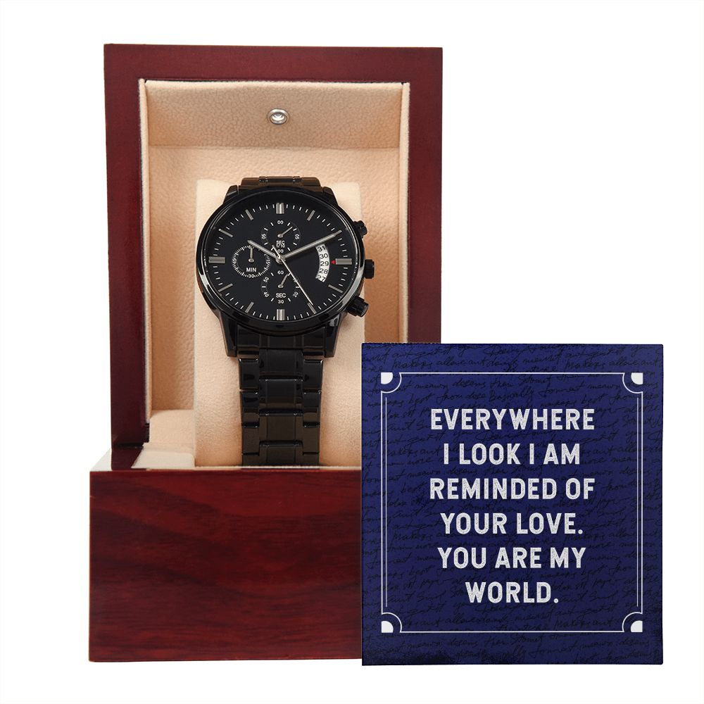 Everywhere I Look Black Chronograph Watch With Message Card in Mahogany Box-Express Your Love Gifts