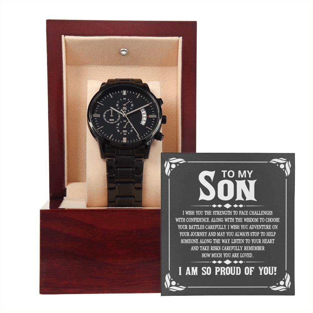 To My Son I Wish You the Strength to Face Challenges Black Chronograph Watch With Message Card in Mahogany Box-Express Your Love Gifts