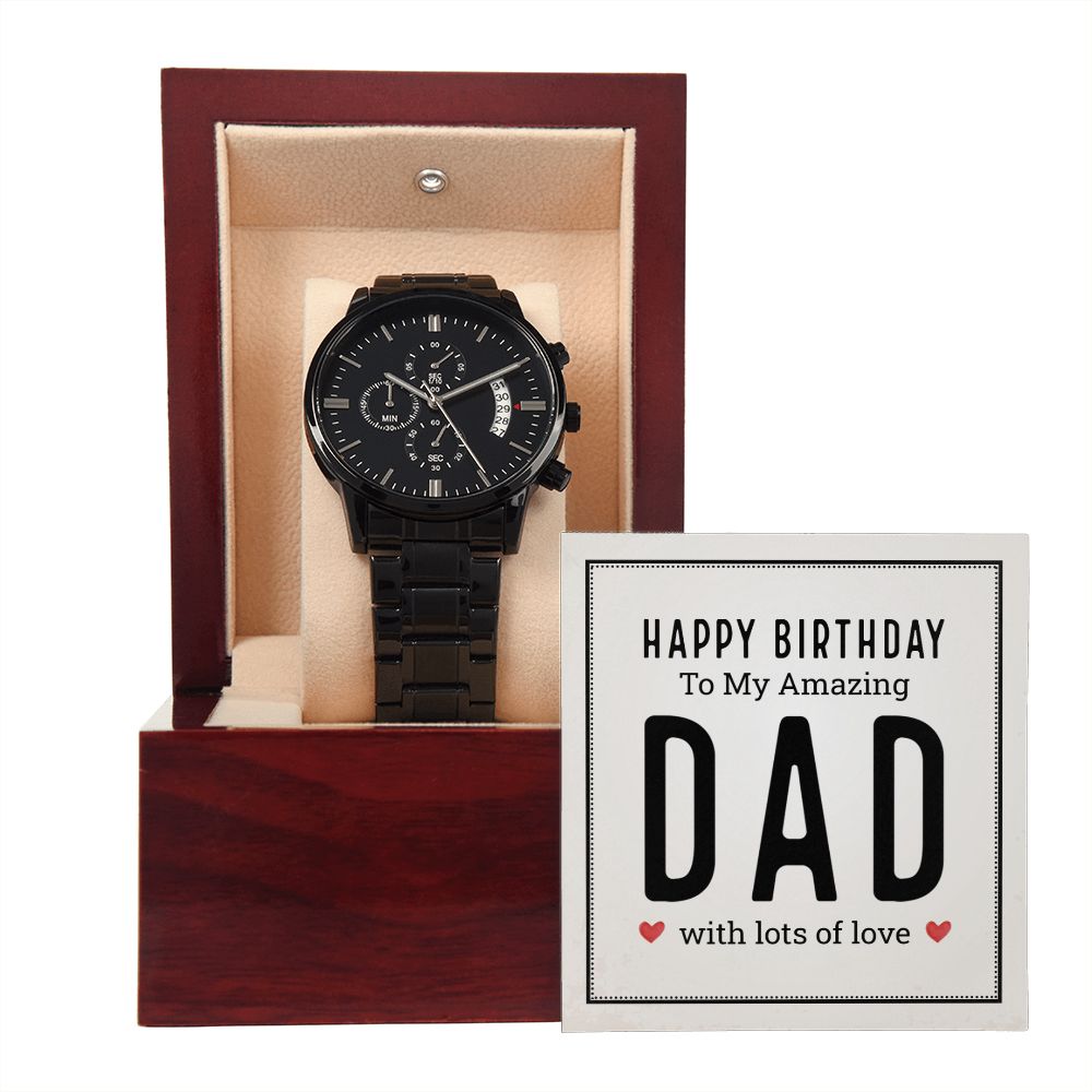 To My Dad Happy Birthday My Amazing Dad Black Chronograph Watch With Message Card in Mahogany Box-Express Your Love Gifts