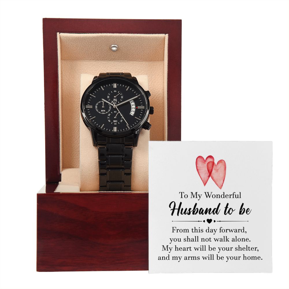 To My Husband To Be Black Chronograph Watch With Message Card in Mahogany Box-Express Your Love Gifts