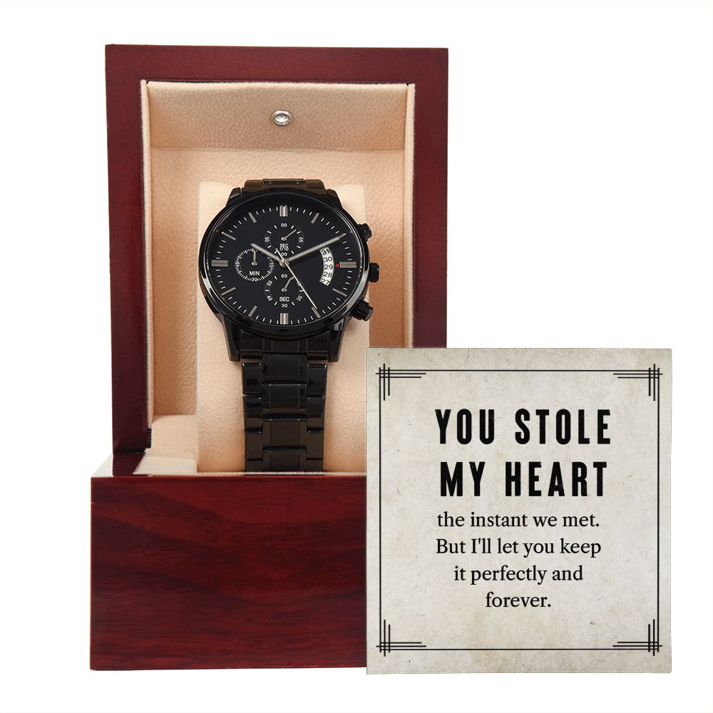 To My Man You Stole My Heart Black Chronograph Watch With Message Card in Mahogany Box-Express Your Love Gifts