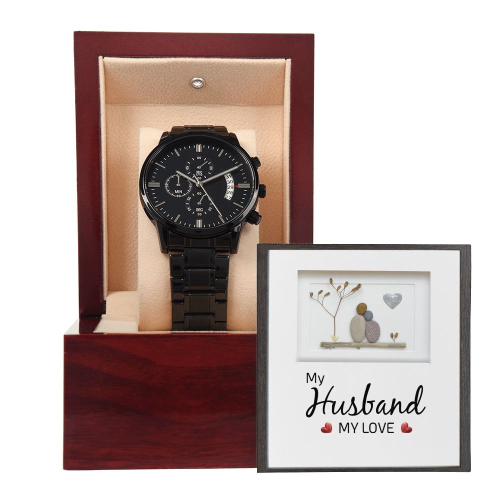 To My Husband My Love Black Chronograph Watch With Message Card in Mahogany Box-Express Your Love Gifts