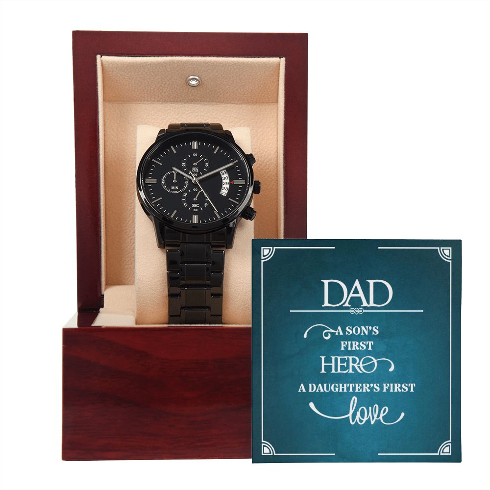 To My Dad a Sons First Hero Black Chronograph Watch With Message Card in Mahogany Box-Express Your Love Gifts