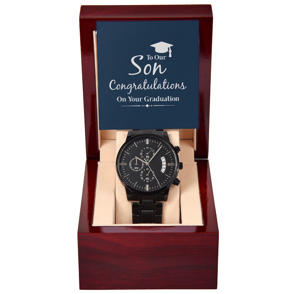 To Our Son Congratulations on Your Graduation Black Chronograph Watch With Message Card in Mahogany Box-Express Your Love Gifts