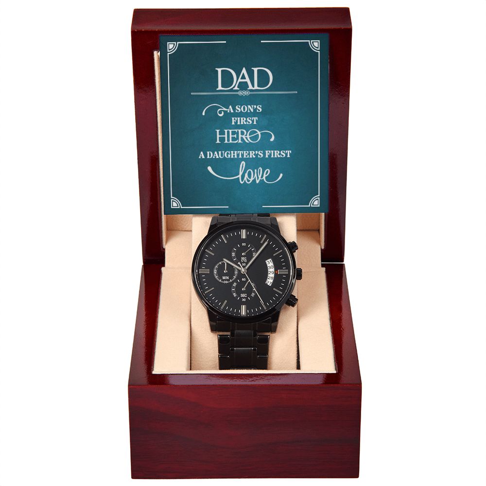 To My Dad a Sons First Hero Black Chronograph Watch With Message Card in Mahogany Box-Express Your Love Gifts